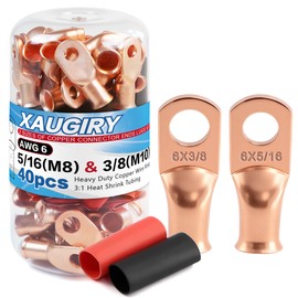 20Pcs Battery Cable Lugs Kit(6 AWG-5/16+6 AWG-3/8) Heavy Duty Copper Wire Ring,Copper Terminals Connector Ends Lugs with 20Pcs 3:1 Heat Shrink Tubing