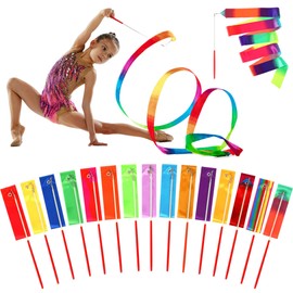 Yilloog 15 Pcs Ribbon Dancing Wands Party Favors, 78.7 Inch Gymnastics Ribbon Streamers Rainbow Artistic Ribbon Dancer Twirling Wands, Rainbow Birthday Decorations, Girls Party Games