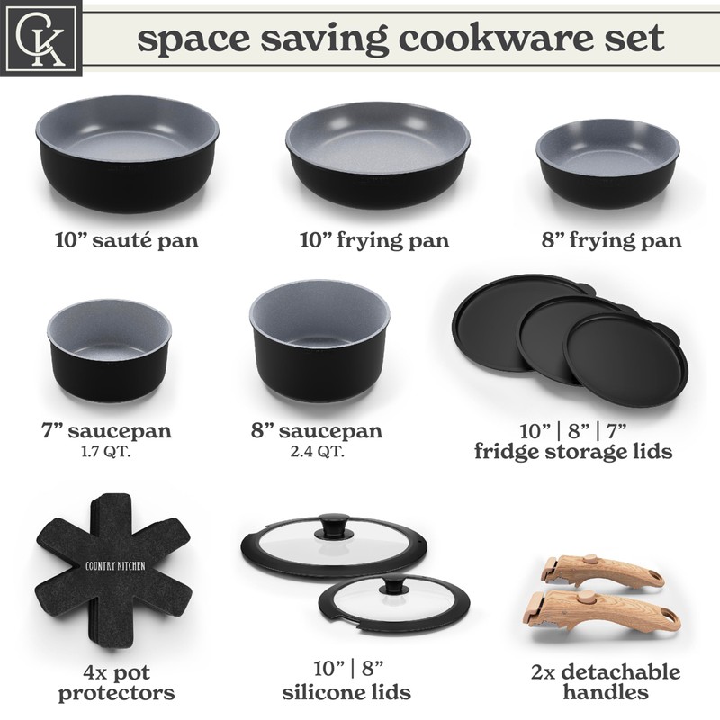 Country Kitchen Cookware Set with Removable Handle, Oven & RV