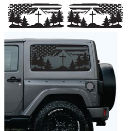 Compatible with Jeep Wrangler JL (2 Door) 2018-2025 Precut American Flag Outdoor Mountain Forest Scene Window Decals Both Side Proudly Made in The US Matte Black (US Flag Cross Mountain)