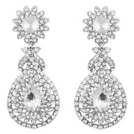 Touchstone Indian Bollywood white Rhinestone bridal chandelier designer jewelry earrings for women in silver tone