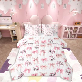 Feelyou Pink Bowknot Comforter Set 7 Pieces Dreamy Princess Style Bedding Set Full Size Bedroom Cute Bow Girly Disco Ball Bed in a Bag Kawaii Bow-tie Bed Set with Comforter, Sheet Set, Pillowcases