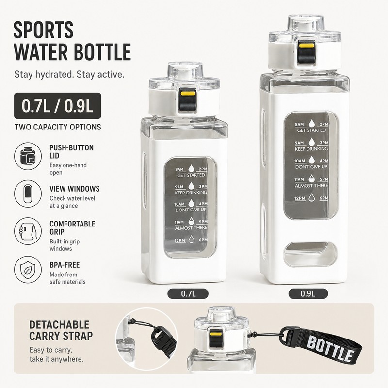 0.7L/0.9L Sports Water Bottle with Carry Strap – Portable Sippy