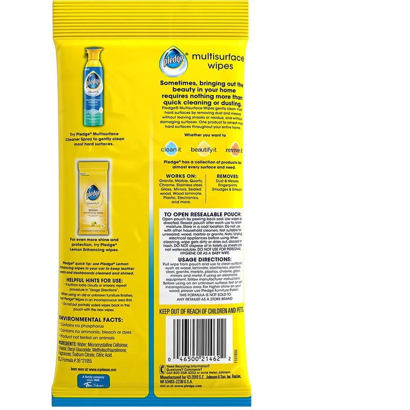 Pledge Multi-Surface Furniture Polish Wipes, Works on Wood, Granite, and