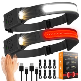 Headlamps Rechargeable for Adults 2 Pack, 230° Wide Beam Running LED Head Lamp with Red Light, Headlights for Head with Motion Sensor, Hard Hat Light Flashlight for Runners, Camping, Hiking, Fishing
