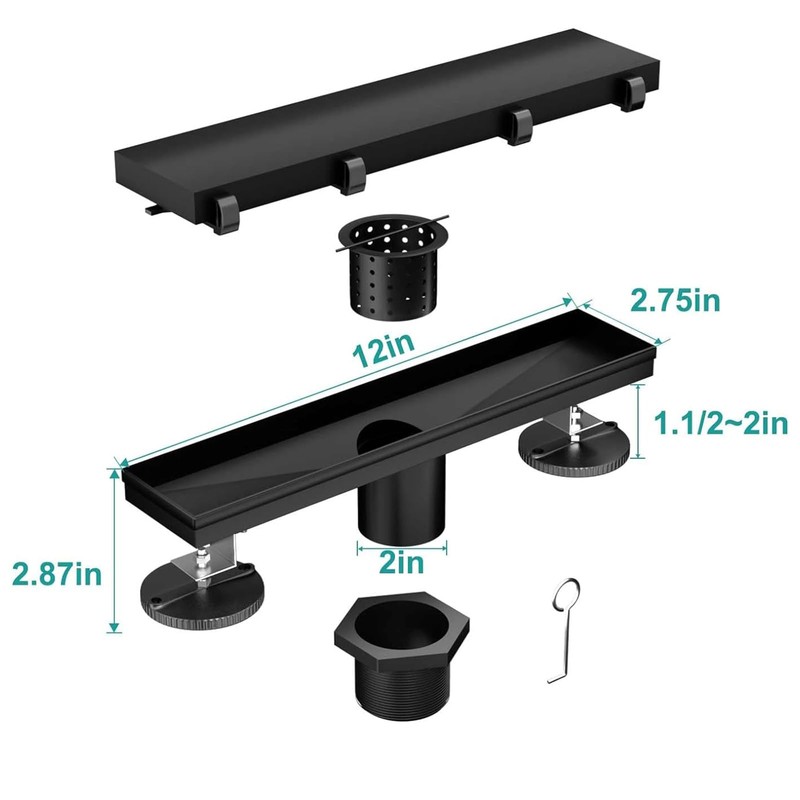 BARONAGE Linear Shower Drain 12 Inch Matte Black Rectangular Shower