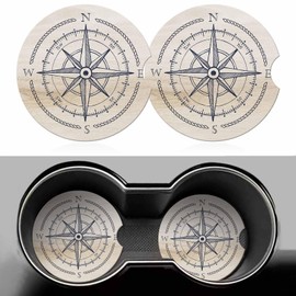 Compass Wind Rose 2 Pack Car Cup Holder Coaster Anti Slip Insert Absorbent Ceramic Car Coaster with Cork Base and Finger Notch Cute Car Accessories Interior for Women Men