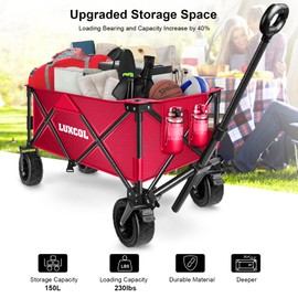 LUXCOL Collapsible Folding Wagon, Heavy Duty Utility Beach Wagon Cart for Sand with Big Wheels, Adjustable Handle&Drink Holders for Shopping, Camping,Garden and Outdoor