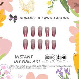 MABKJLF Pink Long Ballerina False Nails, 24Pcs French Tip Gradient Acrylic Nails with Nail Glue, Jelly Stickers, Nail File & Removal Stick, Glossy Finish for Women Girls