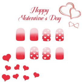 Ombre Red Press on Nails Short Square Fake Nails with White Heart Designs Gradient Pink Glue on Nails Glossy Reusable Valentines False Nails Heart Nails for Women Girls Manicure 24pcs