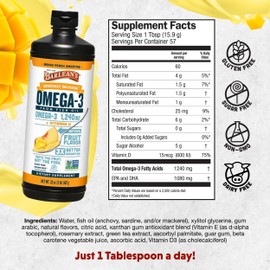 Barlean's Omega 3 Fish Oil Liquid Supplement with Vitamin D for Men and Women, 1080mg of EPA and DHA Fatty Acid, Promotes Brain & Heart Health - Non-GMO, Mango Peach, 32 oz