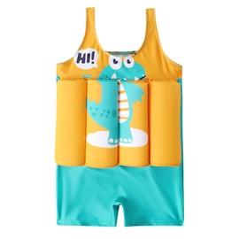 IWEMEK Boy Girls Floatation Swimsuit with Adjustable Buoyancy Baby Swim Vest Life Jacket Summer Training Float Suit One Piece Floating Swimwear Bathing Suit for Kids Yellow Dinosaur 18-24 Months