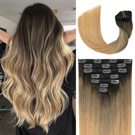 WindTouch Clip in Hair Extensions Real Human Hair, 22 Inch 70g 7pcs Dark Brown Fading to Light Brown to Honey Blonde, Soft Straight Remy Human Hair Clip ins for Women