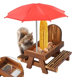 Squirrel Feeder with Umbrella, Carbonized Wood Squirrel Feeder with 2 Air Circulation Mesh, Corn Cob Holder Structure Solid Durable Picnic Table & Benches for Squirrel and Chipmunk