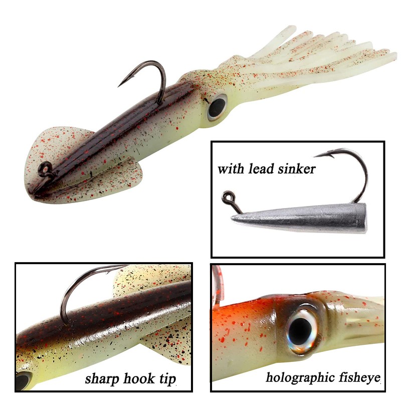 Fishing Squid Lures Kit Pre-rigged Squid Lure Glow In the
