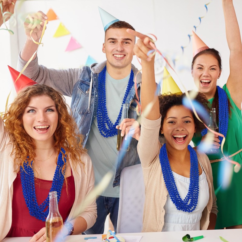 12 PCS Bead Necklaces, Blue Mardi Gras Beads, Metallic Plastic