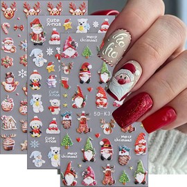 3Sheets Christmas Nail Stickers for Nail Art, Santa Claus Tree Christmas Nail Art Stickers 5D Embossed Snowflake Gingerbread Man Elk Nail Decals Nail Decoration Supplies Nail Designs for Women Girls