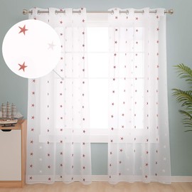 Deconovo Semi-Sheer Curtains Faux Linen Embroidered Star Pattern 140x240cm Orange 2 Panels