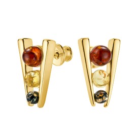 Women's Stud Earrings with Real Amber and 925 Silver Gold Coated Colourful Round Shape, Sterling Silver