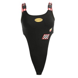 malianna Women Strappy Checkerboard and Fire Print Striped Patchwork High Waist Bodysuits