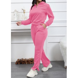 MOEENCN Women 2 Piece Outfits Sweatsuit Oversized Half Zip Sweatshirt Wide Leg Sweatpant Casual Lounge Matching Set Tracksuit Pink L