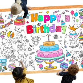 Leezead Happy Birthday Coloring Poster, Giant Coloring Poster Birthday Coloring Tablecloth for Boys Girls Paper DIY Coloring Table Cover Birthday Activity Poster for Classroom Home Art Activities