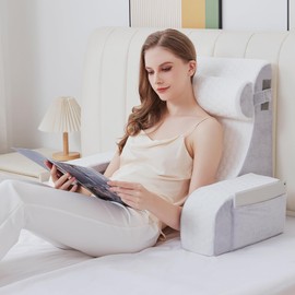 Hogrance 4PCS Reading Pillow, Memory Foam Back Pillow for Bed Sitting Up, Gaming Pillow with Arms Rest, White Grey Bed Pillow for Reading, Watching TV, Resting, Gaming, Medium