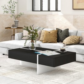 Coffee Table with Storage High Gloss Coffee Tables Cocktail End Table Modern Rectangle Design Sofa Table with 1 Drawer for Living Room (Black)