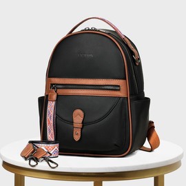FADEON Mini Backpack Purse for Women, Designer Leather Cute Roomly Small Backpacks, Ladies Shoulder Backpack Fashion Handbag Mini  Women's Backpack - Color: Pure Black With Brown