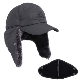 FakeFace Men's Aviator Hat Warm Trapper Hat Bomber Hat Unisex Faux Fur Hat Winter Hat with Ear Flaps Mouth Guard Pilot Hat Peaked Cap for Skiing Ice Skating Outdoor Black, gray