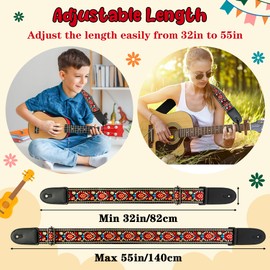 PANTIDE Vintage Embroidered Ukulele Strap - Adjustable Ukulele Strap with Wooden Ukulele Capo 3 Plastic Picks 10 Colourful Felt Ukulele Picks Red strap for Ukulele Mini Guitar Man Women Adult Kids
