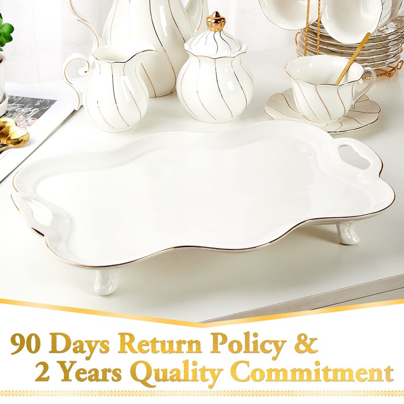 DUJUST Porcelain Serving Tray with Handles, Luxury British Style Coffee