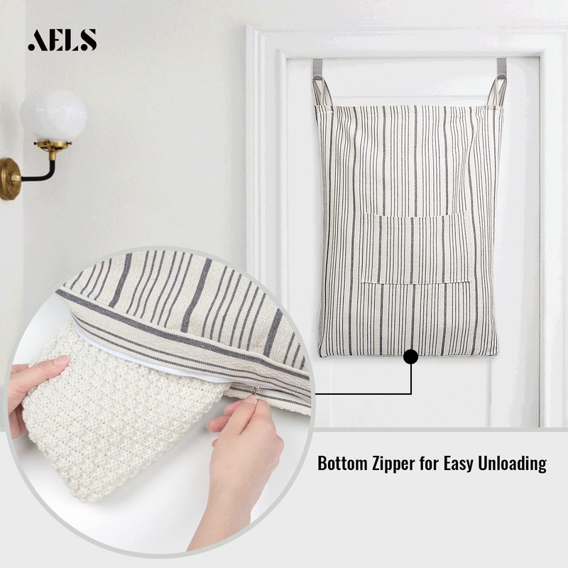 AELS Farmhouse Hanging Laundry Hamper with 2 Hooks, Washable Beige