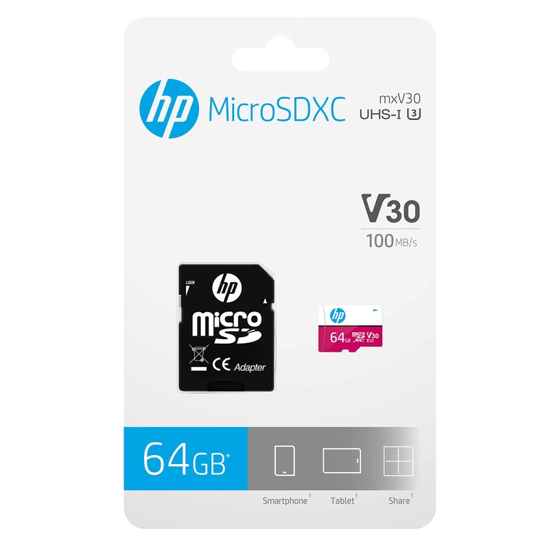 HP mxV30 64GB microSDXC Memory Card + SD Adaptor, 100MB/s