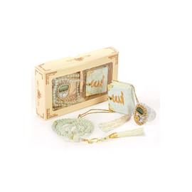 İhvan Online Mini Velvet Quran Set with Islamic Finger Counter, Portable Digital Tasbeeh, Muslim Prayer Beads, Pearl Zikirmatic Beads, 3 Pieces Gift Set for Mevlüt (Cream)