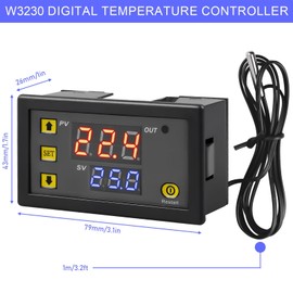 W3230 LCD Digital Thermostat, DC 12 V 20 A Digital Temperature Controller, Measuring Device, Temperature Switch -20-100°C with Temperature Sensor, LED Display, High Temperature Alarm, Digital