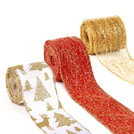 3 Rolls Christmas Mesh Ribbon, 2.5 Inch x 15 Yards Glitter Christmas Ribbon Metallic Mesh Ribbon for Christmas Tree Wreath DIY Crafts (Red, Golden, White)