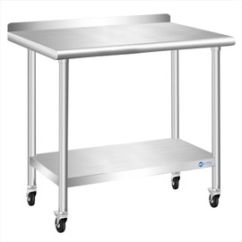 KUARBARR Stainless Steel Table with Wheels 30 x 18 Inch w/Backsplash, Commercial Stainless Steel Prep Table, NSF SS Kitchen Prep Table Metal Table for Restaurant Garage Warehouse