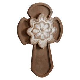 SOFE Rustic Decorative Crosses Wall Decor, Wash White Carving Flower Wooden Cross for Wall, Cross Wall Art Retro Small Wall Accents for Home Living Room, Cross Wall Hanging