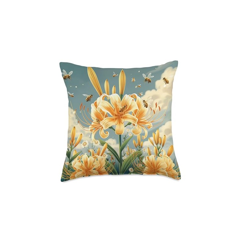 Spider Lily Flower Blooming With Bees Around Graphic Throw Pillow