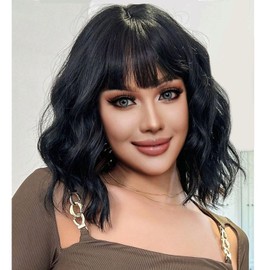 YOUNIGA Short Bob Wavy Wig with Bangs for Women Black Color Wigs for Women Loose Curly Shoulder Length Bob Curly Women's Charming Synthetic Wigs Bob Style Synthetic Fiber Wigs (Black 12 Inch)