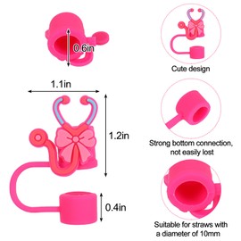JarThenaAMCS 6Pcs Pink Nurse Straw Cover Caps Nurse Appreciation Gifts 0.4 Inch Medical Stethoscope Coquette Bow Silicone Reusable Straw Topper for 30 & 40 OZ Tumbler Cups
