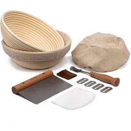 Kook Proofing Set, Sourdough Bread, 2 Rattan 9 Inch Banneton Baskets, 2 Basket Covers, Metal Scraper, Plastic Scraper, Scoring Lame, 5 Blades and Case, Baking Kit, Dough Bowls, Round Shape