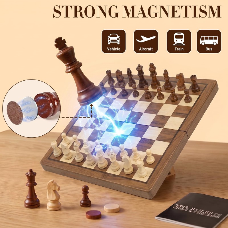 2 in 1 Magnetic Wooden Chess and Checkers Board Game