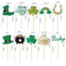 60 Pcs St.Patrick's Day Cupcake Toppers,Glitter Lucky Three Leaf Shamrock Cupcake Picks Hat Horseshoe Cupcake Decorations for Irish St Patrick's Day Party Favor Supplies