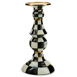 MACKENZIE-CHILDS Courtly Check Enamel Pillar Candlestick, Cute Black-and-White Pillar Candle Stand, Large