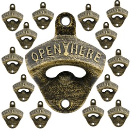 Luwanburg 15 PCS Vintage Wall Mounted Bottle Opener Bulk Cast Iron Beer Drink Cap Opener Post Mounted Antique Bronze for Wooden DIY Cooler