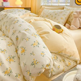 4pcs Duvet Cover Set- 100% Cotton Comfort Duvet Cover Set,a Duvet Cover,a Deep Pocket Fitted Sheet,2 Pillow Shams Home Bedding with Zipper Closure for All Season (Queen (U.S. Standard), cream yellow)