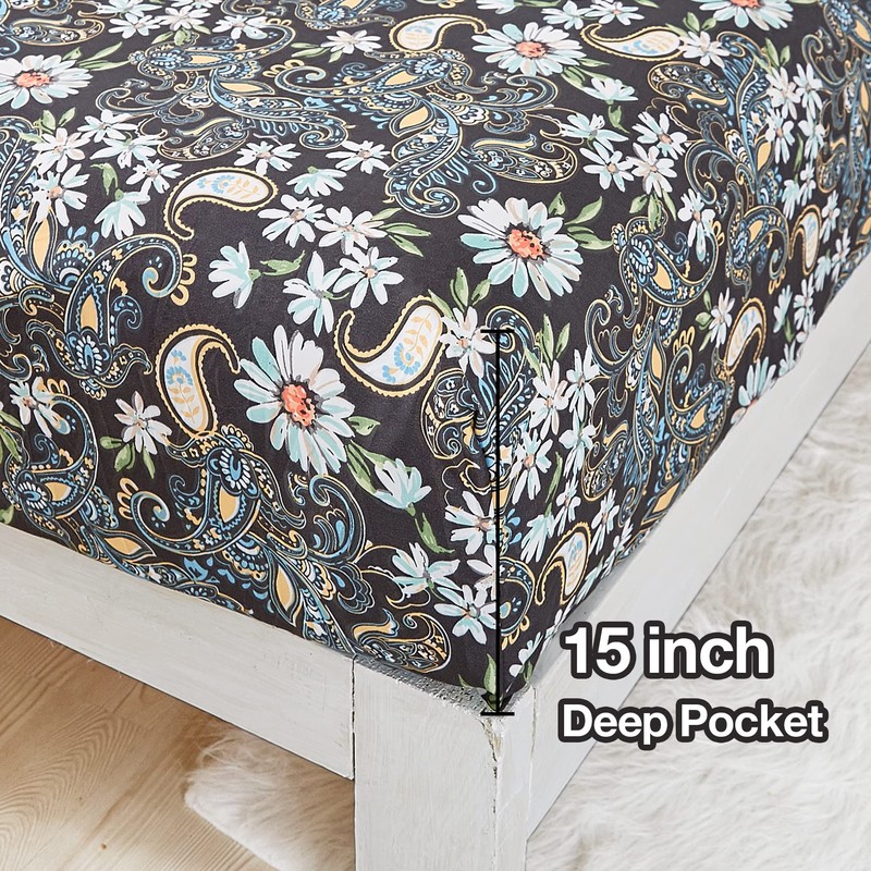 JSD Black Paisley Floral Printed Sheet Set King Size, 4