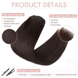 Remy Hair Extensions Clip in Human Remy Hair -Double Weft- 8 Pcs Clip on Straight Full Head (#02 Dark Brown; 16"- 130g)